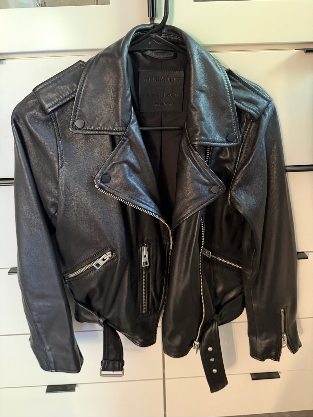 All Saints Black Leather Biker Jacket with Asymmetric Zip
